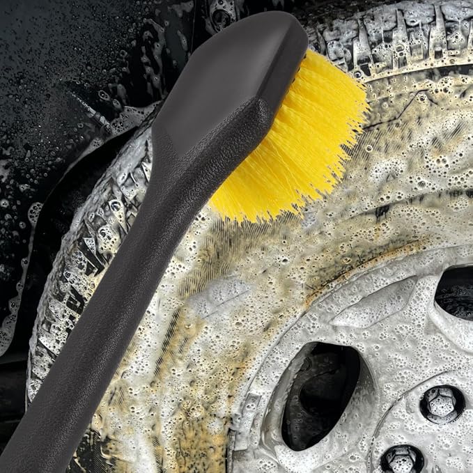 Long Handle Car Tire Brush with Heavy Duty Stiff Bristles for Wheel and Rim Cleaning Ergonomic Grip Car Wash Detailing Tool