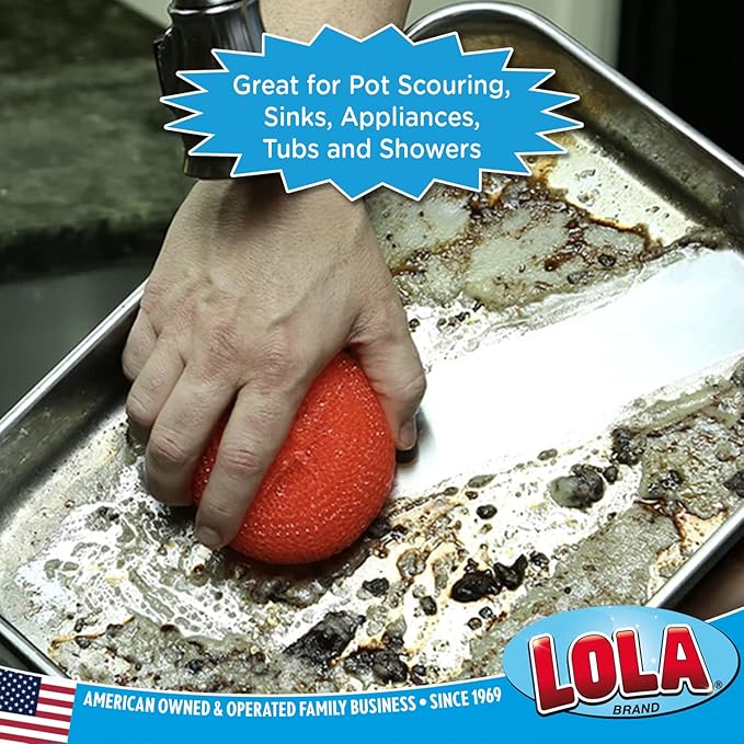 LOLA Plastic Mesh Scouring Pads - 3 Pack, 3.375" x 1.25", Non-Scratch Scrubbers to Clean Dishes, Assorted Colors - 1 Red, 1 Blue & 1 Yellow