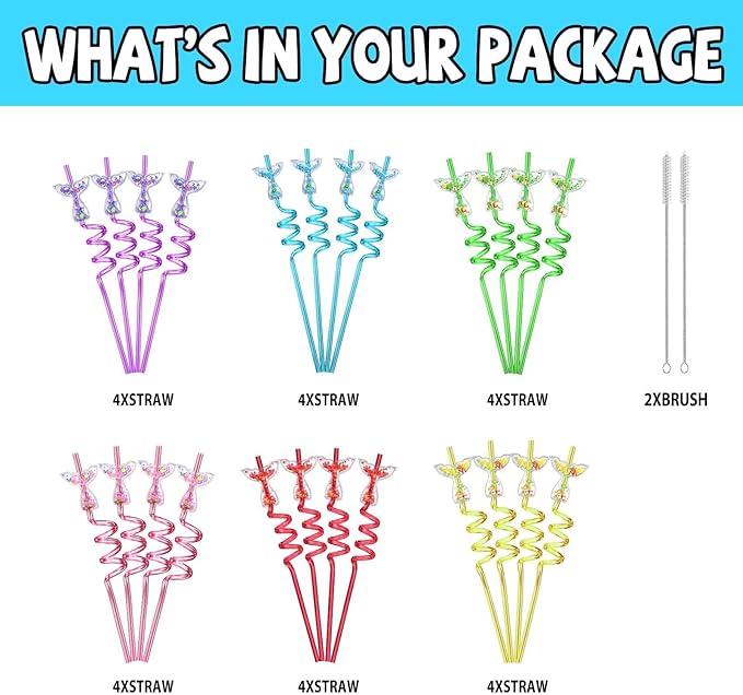 24 Glitter Mermaid Party Favors Drinking Straws for Mermaid Under the Sea Birthday Party Decorations Supplies with 2 PCS Straws Cleaning Brush