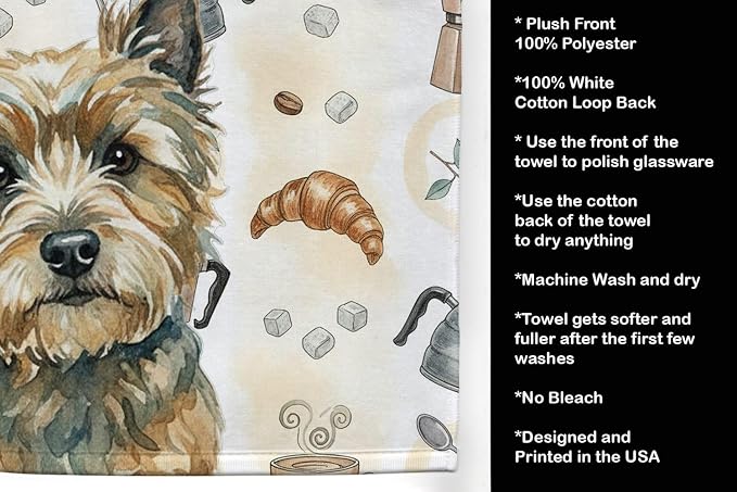 Caroline's Treasures Cairn Terrier Coffee Bar Kitchen Towel Velour Plush Front and Cotton Loop Back Machine Washable