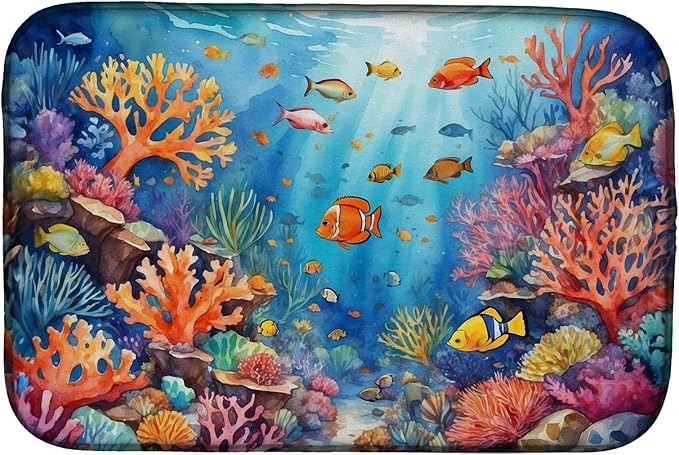 Caroline's Treasures Coral and Fish Dish Drying Mat Absorbent Dish Drying Mat Pad for Kitchen Counter Dish Drainer Mat for Countertop, 14 x 21", Multicolor