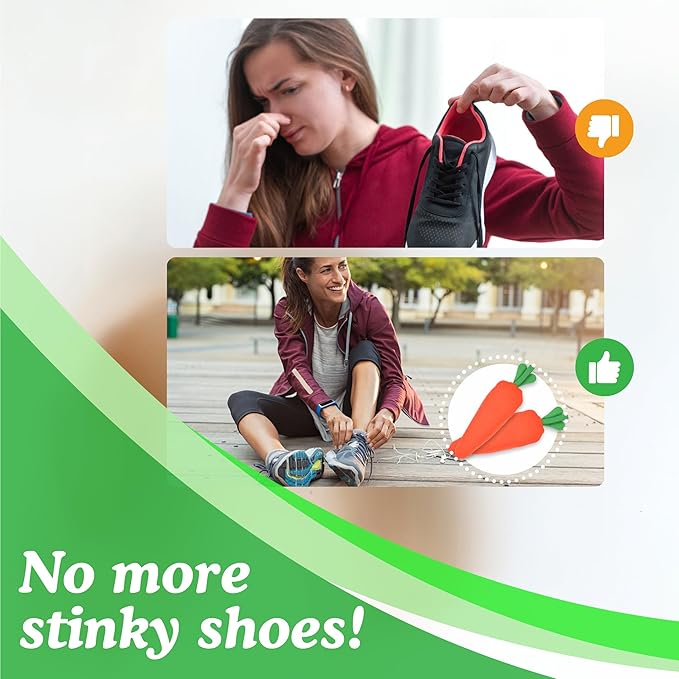 ECO-FUSED Carrotsoles 2 Pack Shoe Deodorizer Odor Eliminator for Shoes, Cleats, Closets, Drawers, Gloves - Moisture Absorber, Air Freshener, Air Purifier Moso Bamboo Activated Charcoal - Reusable