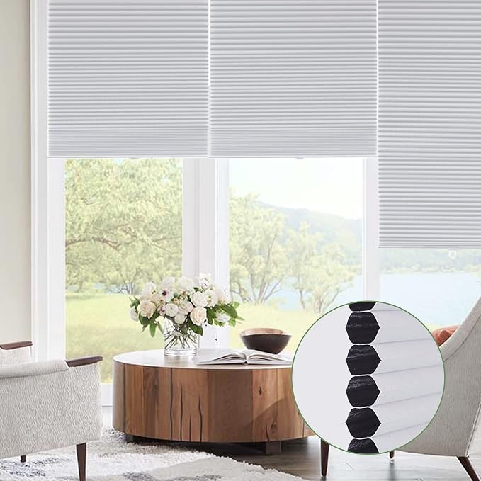Cellular Shades, Blackout Blinds, Cordless Honeycomb Blinds for Windows, Room Darkening, Pleated Window Shades for Bedroom, Home, Dining Room, Office, Kitchen, 24" W X 64" H, White