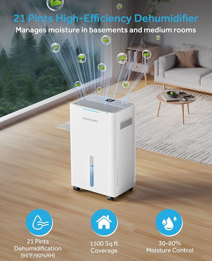 Dehumidifier for Basement & Large Room, Color Humidity Ring Light, Quiet for Home & Bedroom, Drain Hose Included, 3 Modes, Auto Humidity Control (Off-White, 1,500 Sq.Ft)