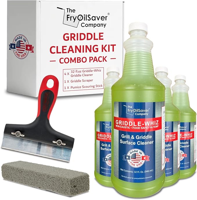 Griddle-Whiz Flat Top Grill Cleaning Kit - 4-Pack Griddle Cleaner w/ Scraper Tool & Pumice Stone for Tough Grease, Food Residue & Buildup on Griddles & Flat Top Grills - by FryOilSaver (32oz Bottles)