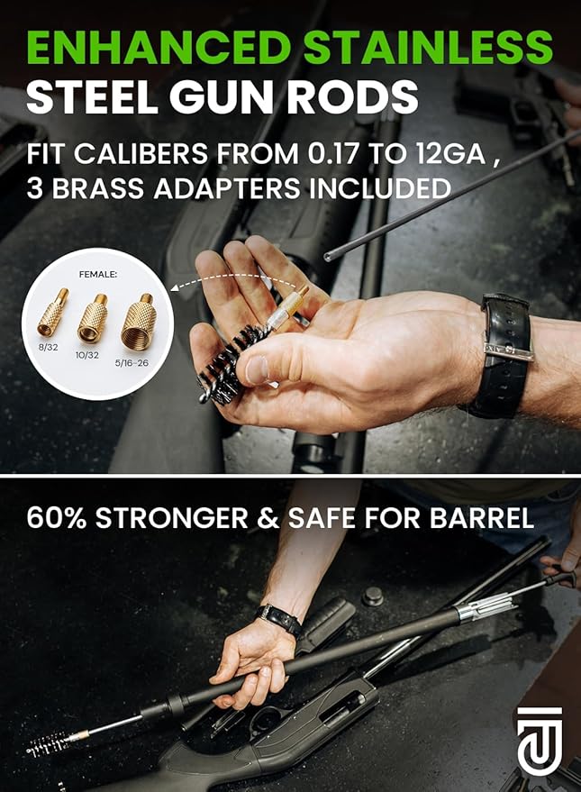 Universal Gun Cleaning Kit for All Guns - Portable Gun Cleaning Kits for Handguns and Rifles, Shotgun, Airsoft - Incl. Stainless Steel Rods, Brass Jags, Gun Cleaning Patches, Cleaning Swabs