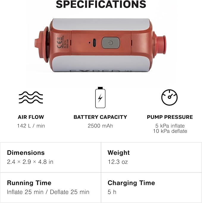 Exped Mega Pump - High Power Portable Electric Air for Inflating and Deflating Camping Pad, Rechargeable Battery USB-C Port