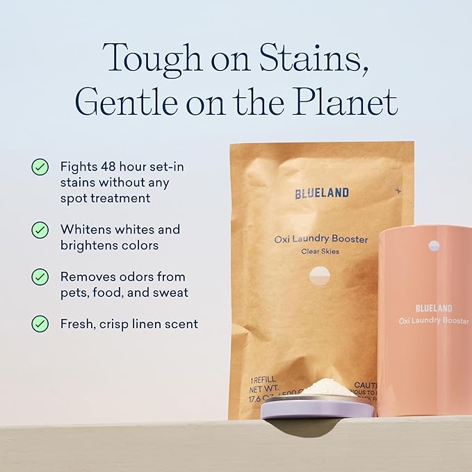 BLUELAND Laundry Essentials Refills | Laundry Detergent Tablets 120 Counts | Oxi Laundry Booster Powder Refill 2 Pack | Plastic-Free & Eco Friendly Oxy Cleaner - Plant Based Stain Remover