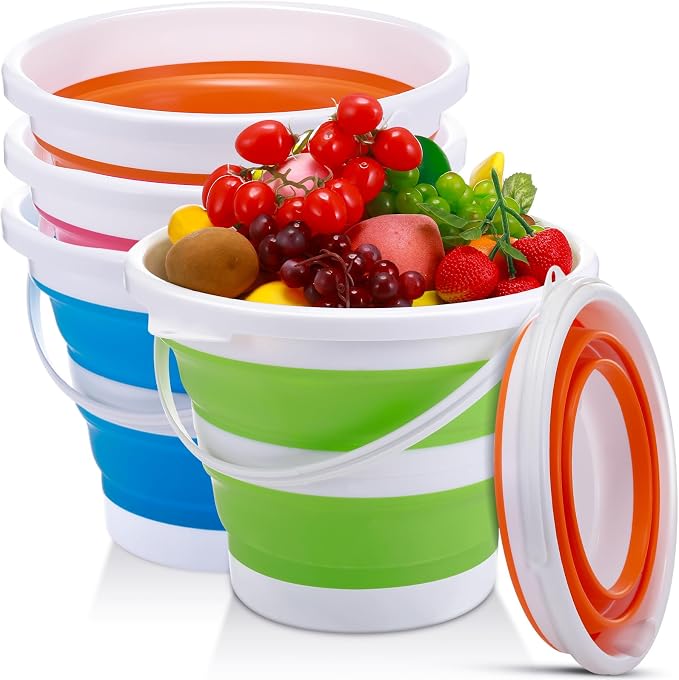 Pickmesh 4 Pcs Collapsible Bucket 2.6 Gallon (10l) Foldable Collapsible Sand Bucket with Handle Small Cleaning Pail for Household Outdoor Car Washing Camping Beach Sand(Blue, Green, Orange, Pink)