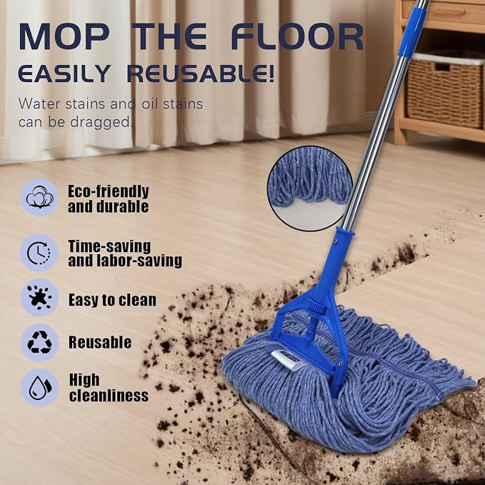 Commercial Cotton Mop Heavy-Duty Industrial with 2 Replacement Heads 152 cm Handle Replacement mop Head (Blue)