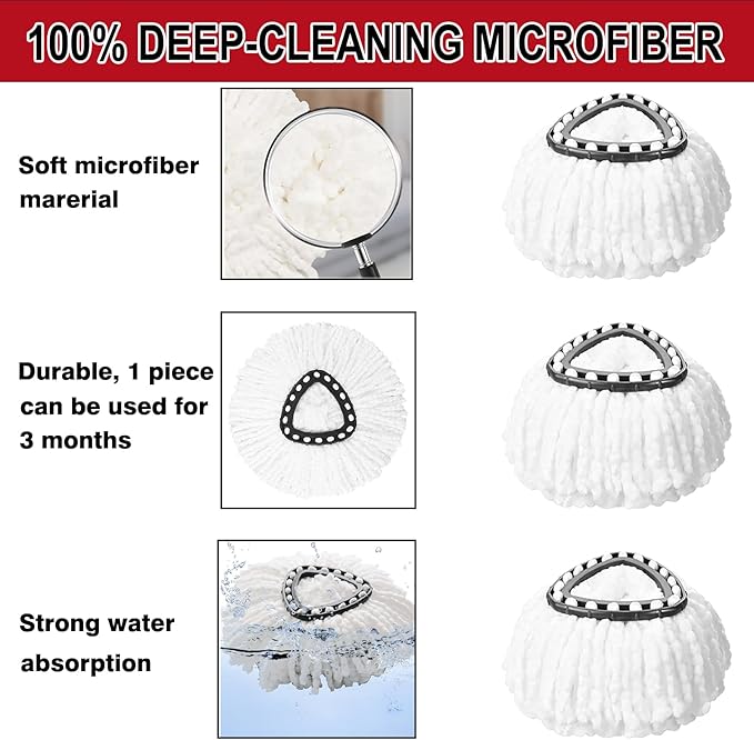 4Pcs Mop Head Replacements,Spin Mop Replacement Head Compatible with Cedar Easywring 1-Tank System Including Machine Washable & Easy to Replace,2 Spin mop Replacement Heads,1 Brush Head and 1 Base