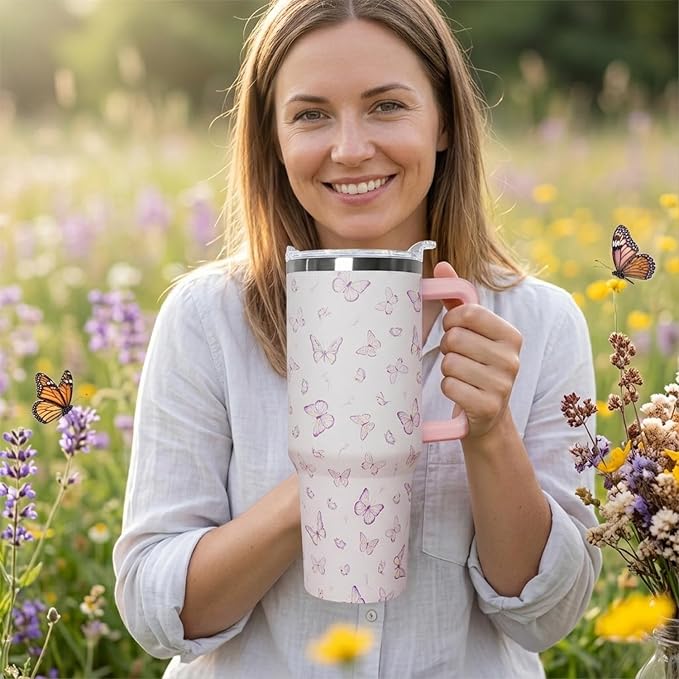 Ceovfoi 40 oz Butterfly Coffee Mug Cup, Vacuum Insulated Travel Tumbler with Handle, Lid and Straw, Butterfly Gifts, Stylish Accessories for Women Girls