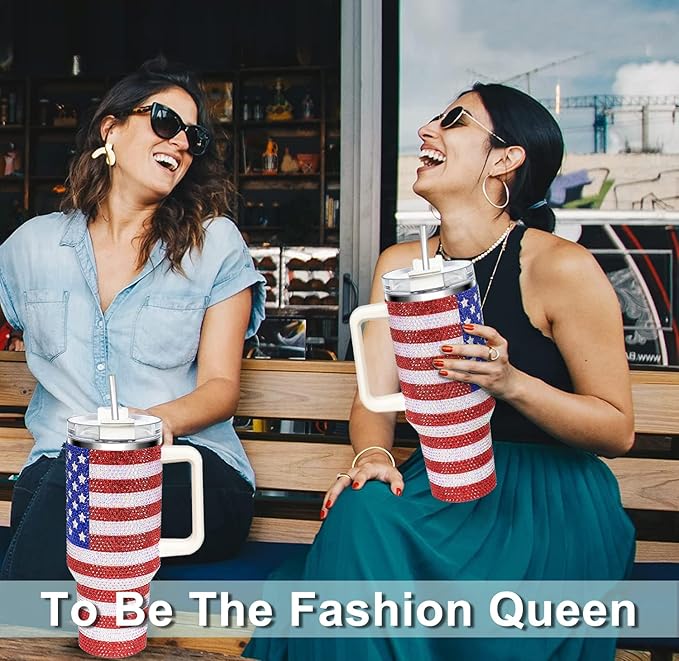 HWISDMIG 40oz Tumbler with Handle-Glitter Rhinestones Tumbler Bling Cups Stainless Steel Water Bottle Diamond Studded Tumbler for Women-Birthday Gifts for Women, Mom, Wife, Girlfriend (Usa Flag)
