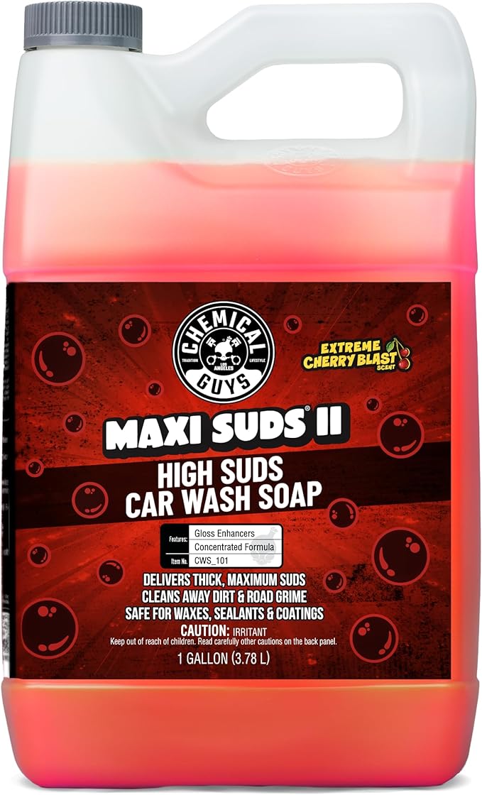 Chemical Guys CWS_101 Maxi-Suds II Foaming Car Wash Soap (Works with Foam Cannons/Guns or Bucket Washes) Safe for Cars, Trucks, Motorcycles, RVs & More, 128 fl oz (1 Gallon), Cherry Scent