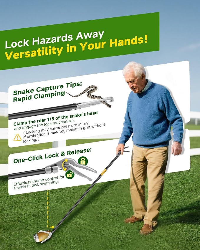 Snake Grabber Tool, 59in Professional Snake Tongs, All-Aluminum Alloy Reptile Catcher Grabber with Anti-Slip Grip, Wide Jaw Multi-Function Handling Tool with Lock