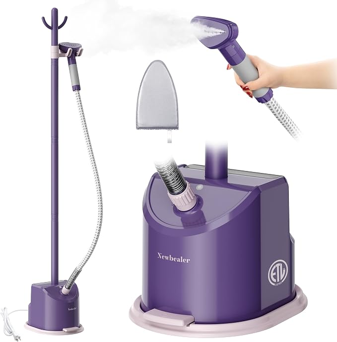Newbealer Standing Garment Steamer 1500W Full-Size with Foot Pedal (Purple) | 1.7L Large Water Tank, 45s Fast Heat-Up, 50-Min Vertical Steaming, Auto-Off, for Home/Hotel/Laundry