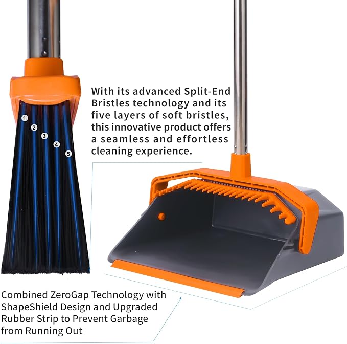 Tiumso Upgrade Broom and Dustpan Set with 51'' Long Handle, Large Upright Brooms and Dust Pans, Heavy Duty Broom, Outdoor Brooms for Patio Kitchen Shop Sidewalk