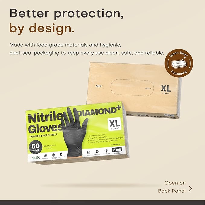 SUPER+ Disposable Nitrile Gloves, 8 Mil Diamond Powder-Free Latex-Free Food Safe Chemical Resistant Heavy Duty, Black 500 Ct