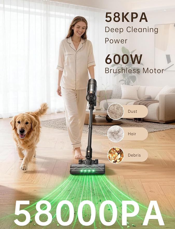 OXVAC Cordless Vacuum Cleaner 600W/58KPa, Self-Standing Stick Vacuum with 65-Min Runtime & Removable Battery, Self-Cleaning Filtration, Tangle-Free for Pet Hair, Carpets, Hard Floors & Daily Cleaning