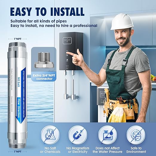 Salt Free Water Descaler Whole House, ¾-Inch NPT Water Descaler System, Scale Water Softener System,Prevents Limescale in Pipes, Tankless Water Heaters, Appliances & Smart Toilets