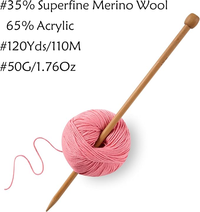 6 Balls Merino Wool Yarn, 12-Ply Luxurious and Soft Yarn for Hand Knitting & Crocheting, 1.76 OZ/50g, 120 yds/110 Meters(Pink,6Balls)