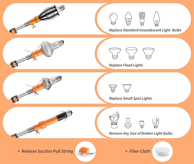 4-12 ft Telescopic Light Bulb Changer for High Ceilings with Cobweb Duster Head Brush // Light Bulb Remover Kit - Suction Cups, Basket and Microfiber Cloth // Spider Web Remover for Outdoor & Indoor