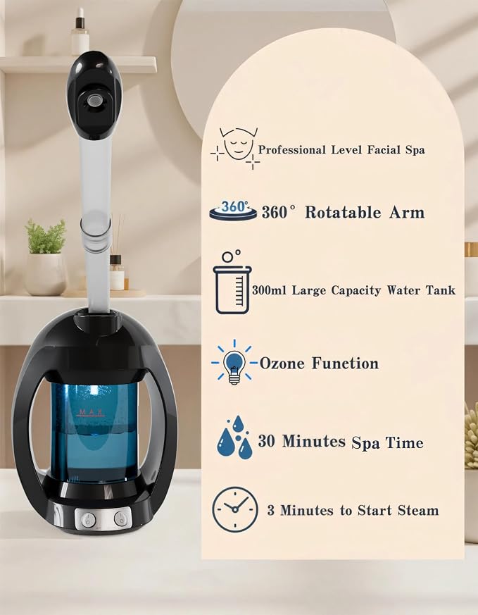 Facial Steamer-Nano Ionic Face Steamer for Facial Deep Cleaning, Vaporizador Steamer for Esthetician, Professional Facial Steamer for Home Facial Spa. (Black)