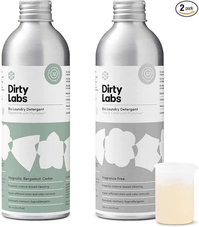 Dirty Labs | Bio-Liquid Laundry Detergent Starter Kit | Signature & Free & Clear | 2x 32 Loads (8.6 fl oz) | Hyper-Concentrated | High Efficiency & Standard Machine Washing | Nontoxic, Biodegradable