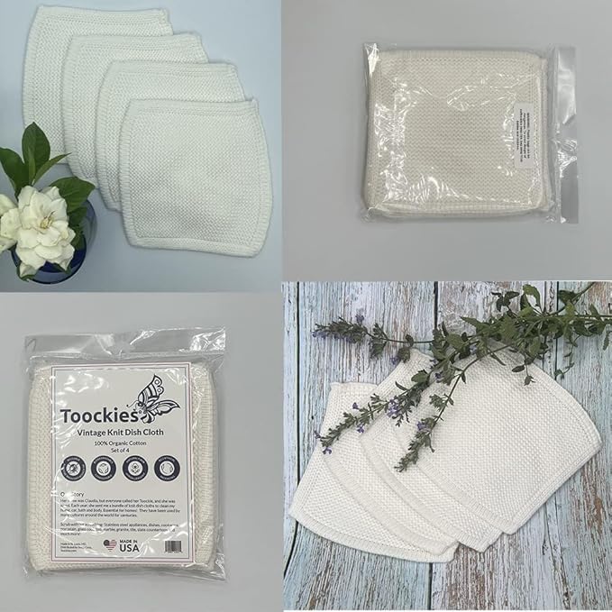 Toockies Vintage Knit Dish Cloth -100% Organic Cotton Set of 4, Natural
