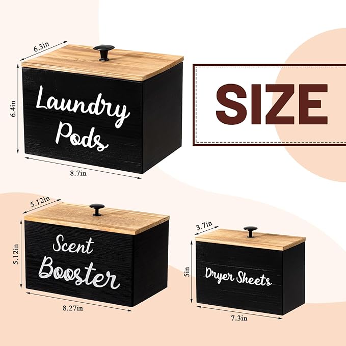 Dandat 3 Pcs Wood Laundry Pods Container Dryer Sheet Holder Dryer Sheets Holder Scent Booster Container Set with Scoop Rustic Laundry Room Beads Dispenser for Storage(Black)