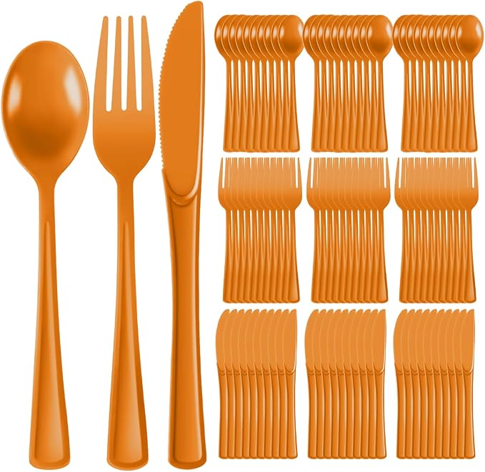 Plastic Silverware 150 PCS Disposable Silverware Heavy Duty Utensil Sets 50 Of Each Forks Knives & Spoons Disposable Cutlery Set For Easter,Birthday,Baby Shower,Garden Party,Wedding(150,Orange)