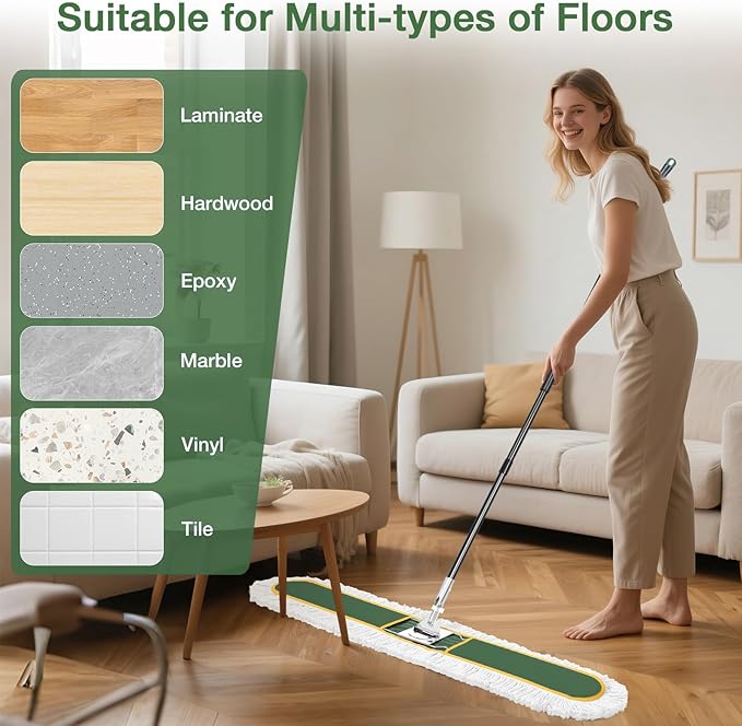 48" Commercial Dust Mop for Floor Cleaning with 2 Cotton Mop Pads | Heavy Duty Wet Dry Broom with 65" Metal Handle for Commercial Industrail Office Garage Warehouse Factory Mall/Green