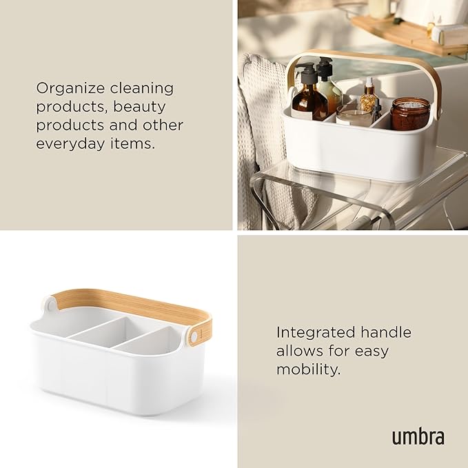 Umbra Bellwood Stackable Bin, 11" x 7" Durable Lightweight Container with Wooden Handle and Removable Dividers, White/Natural