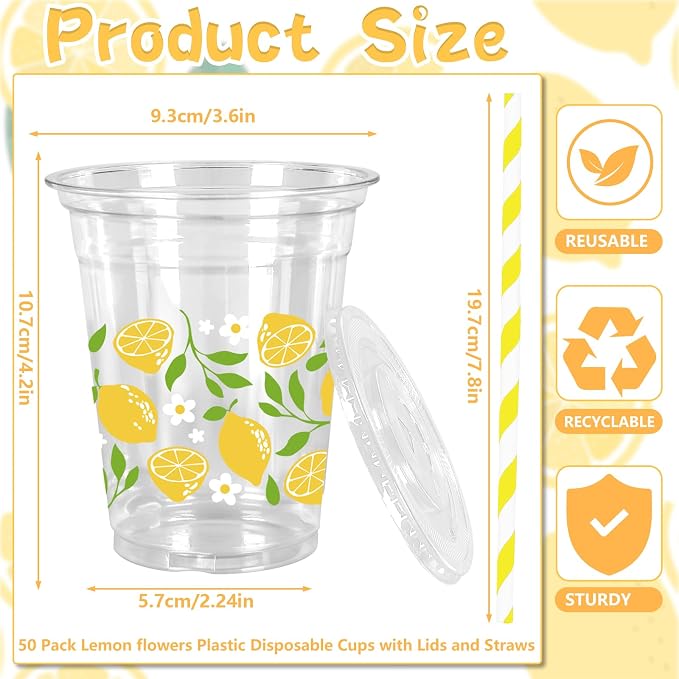 FYSUIMU 50Pcs 12Oz Lemon Floral Plastic Cup with Lid & Straw Yellow Green Flower Clear Disposable Drinking Cup for Summer Party Supplies