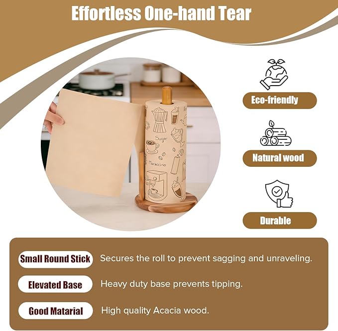 Paper Towel Holder Countertop, Acacia Wood Kitchen Roll Holder with Anti-Slip Weighted Base, Paper Towel Stand for Kitchen Bathroom Dining Table Organize
