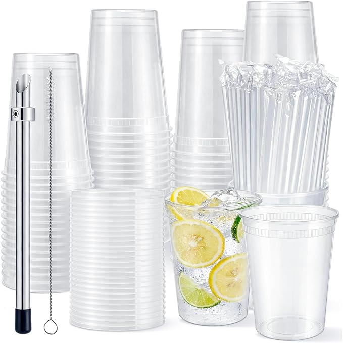 100 Set Lemonade Stand Supplies with Leak-proof 32oz Plastic Cups & Lids, Straws, Straw Hole Puncher - for Outdoor Drink Stall, Summer Party & Fast Food Business, Concession Business