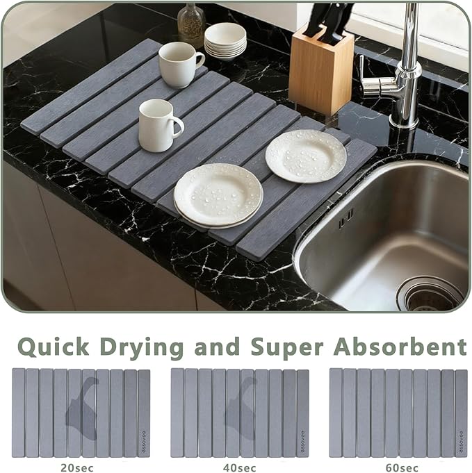 Large Stone Dish Drying Mat for Kitchen Counter, 24"×16" – Quick Drying Diatomaceous Earth, Super Non-Slip, Absorbent, Birthday Gfts for Women Mom Grandma (2PCS Dark Gray, 24" x 16"& 8" x4 ")