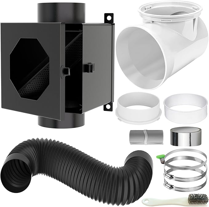 Dryer Lint Trap, Metal Dryer Duct Lint Trap Lint Catcher Collector Box with 90 Degree Dryer Vent Elbow Connector Kit 2 Filter Screens 4 inch Exhaust Hose Clamps Aluminum Foil Tape Cleaning Brush