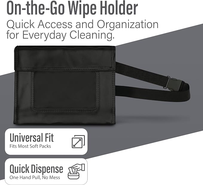 WIPESPLUS Wipes Pack Holder and Belt, Portable Wipe Carrier for Home and Business, 6 Inch Pouch, Black, (Pack of 12)