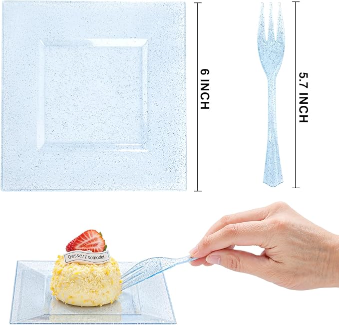 DaYammi 200 Pcs Blue Glitter Dessert Plates Including 100Pcs Appetizer Plates,100Pcs Plastic Forks, Plastic Square Plate for Party,Blue Disposable plates and Cake forks for Birthday Party Wedding