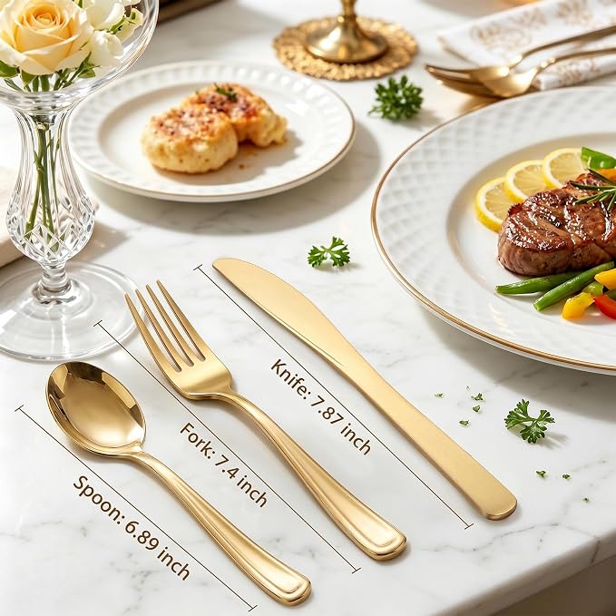 WDF 120 Pieces Gold Plastic Silverware - Disposable Flatware Set - Heavy Duty Plastic Cutlery - Silverware Includes 40 Forks, 40 Spoons, 40 Knives for Party Birthday Baby Shower Wedding Spring
