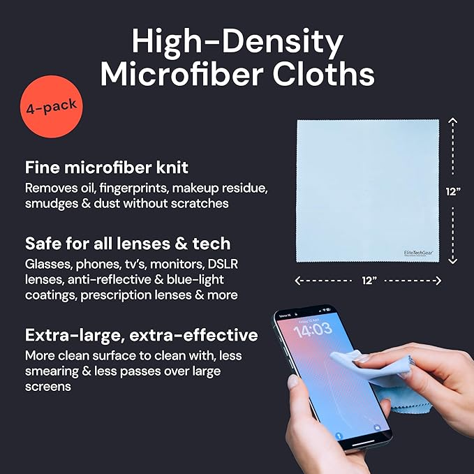 Elite Tech Gear Large Eye Glass Clean Cloths (4-Pack) 12" x 12" - Streak-Free, Oversized Microfiber Cleaning Cloths for Glasses, Camera Lenses, Tablets and TVs (Blue)