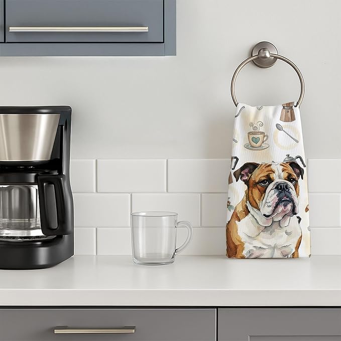 Caroline's Treasures Brindle and White English Bulldog Coffee Bar Kitchen Towel Velour Plush Front and Cotton Loop Back Machine Washable