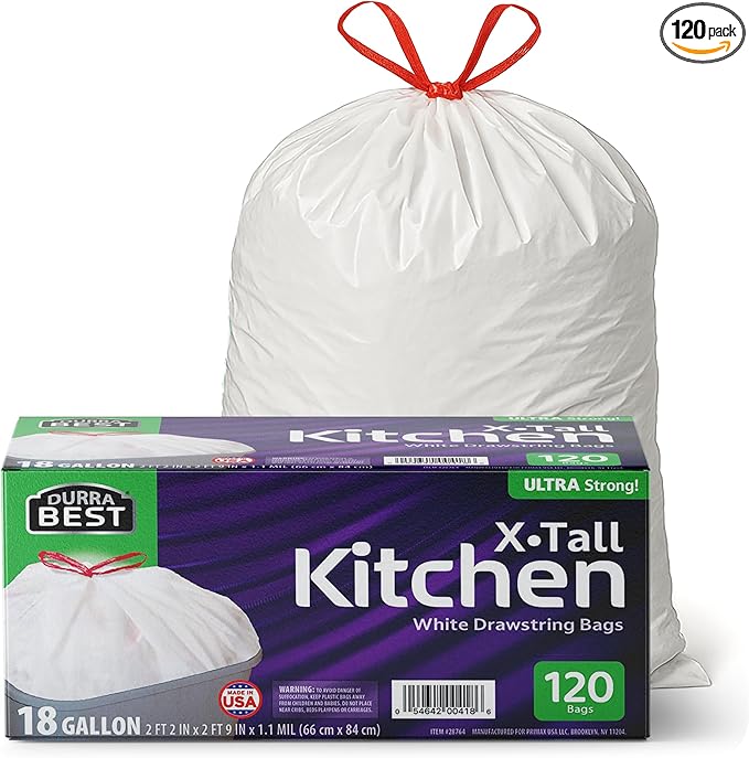 Heavy-Duty Trash Bags – 120 count, 18 Gallon White, Ultra Thick Drawstring Garbage Bags – Leak-Resistant for Home & Commercial Use, Big Trash Bags, Made in USA