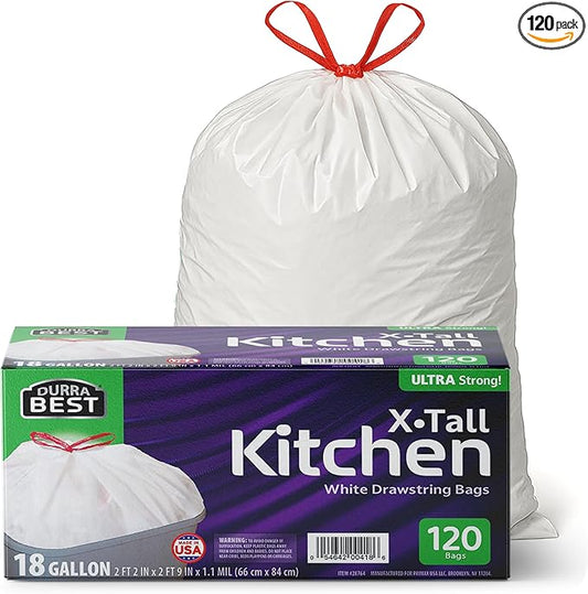 Heavy-Duty Trash Bags – 120 count, 18 Gallon White, Ultra Thick Drawstring Garbage Bags – Leak-Resistant for Home & Commercial Use, Big Trash Bags, Made in USA