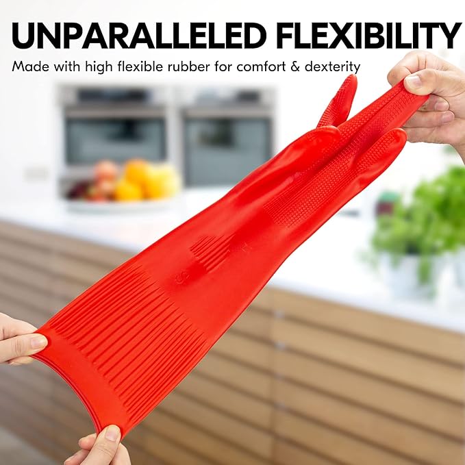 Vgo... 1-Pair Reusable Long Sleeve Thick Latex Dishwashing Gloves - Kitchen, Cleaning, Washing, Working, Painting, Gardening, Pet Care (Size M, Red, RB2143)
