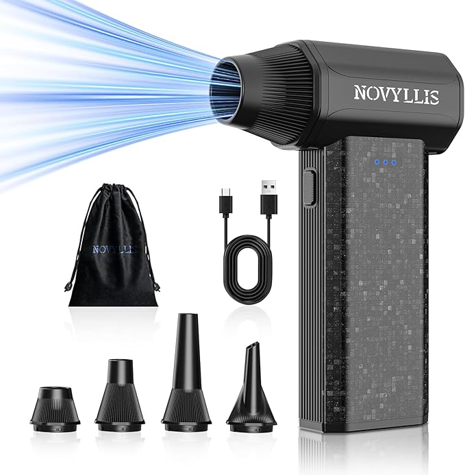 Cordless Compressed Air Duster 150000RPM Super Power Electric Air Duster 3 Gear Adjustable Mini Handheld Blower for Computer Keyboard Outdoor House and Car Cleaning Novyllis (Black)