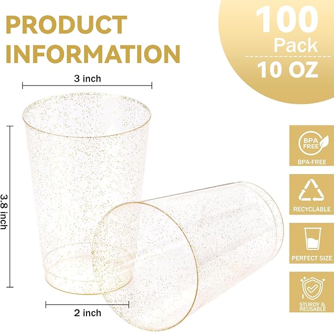 supernal 10oz 100pcs Gold Glitter Plastic Cups,Disposable Glitter Cups,Plastc Disposable Glasses,Plastic Drinking Tumblers for Party,Birthday,Wedding,Holiday