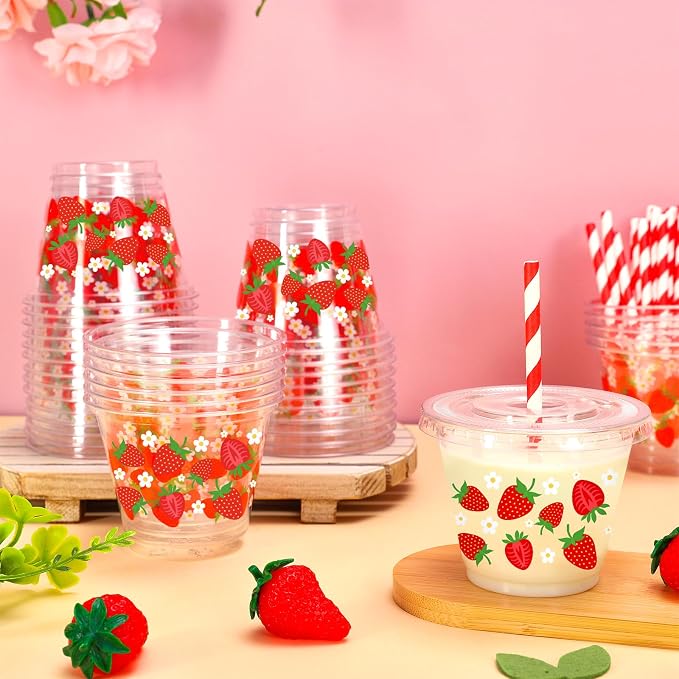 Whaline 100Pcs 9Oz Strawberry Disposable Plastic Cups with Lids and Straws Cute Sweet Berry Flower Cold Beverage Drinking Cups for Sweet One First Birthday Baby Shower Party Supplies