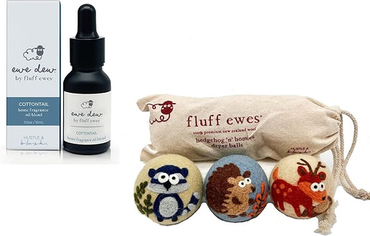 Fluff Ewes Premium Handmade New Zealand Reusable Wool Dryer Balls for Laundry & Baby + Ewe Dew Home Fragrance Aromatherapy Dryer Ball Essential Oil Blend, 2 Pack, Hedgehog & Homies 3 Pack + Cottontail